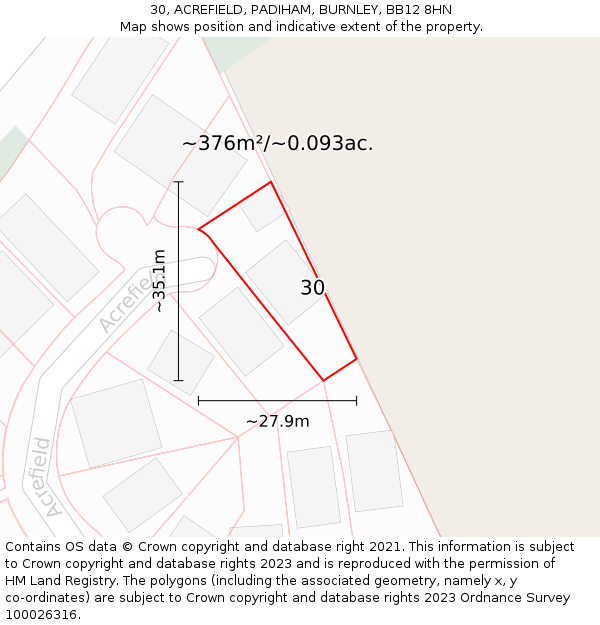 30, ACREFIELD, PADIHAM, BURNLEY, BB12 8HN: Plot and title map