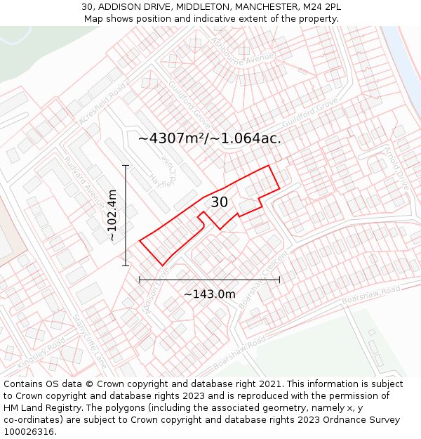 30, ADDISON DRIVE, MIDDLETON, MANCHESTER, M24 2PL: Plot and title map