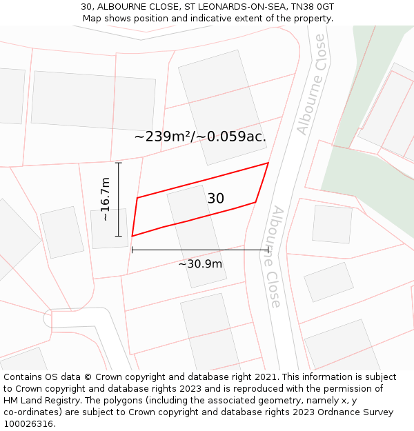 30, ALBOURNE CLOSE, ST LEONARDS-ON-SEA, TN38 0GT: Plot and title map
