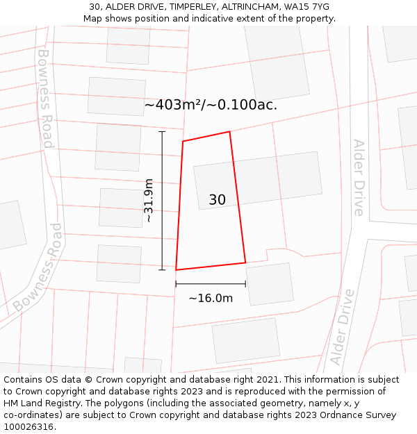 30, ALDER DRIVE, TIMPERLEY, ALTRINCHAM, WA15 7YG: Plot and title map