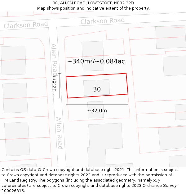 30, ALLEN ROAD, LOWESTOFT, NR32 3PD: Plot and title map