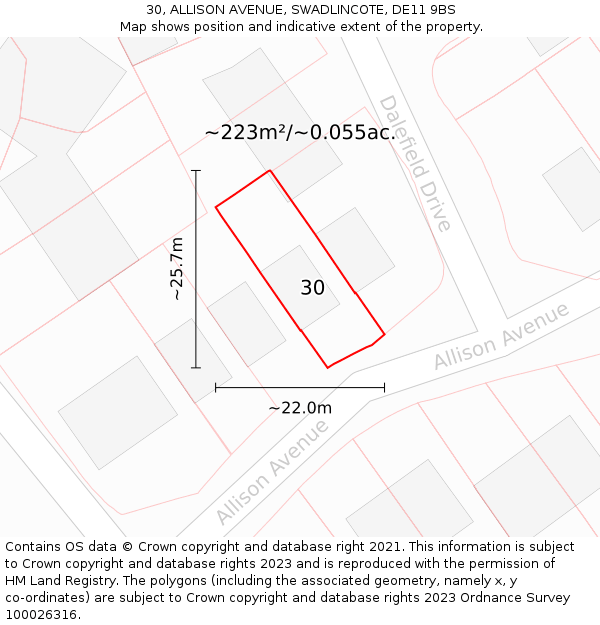 30, ALLISON AVENUE, SWADLINCOTE, DE11 9BS: Plot and title map
