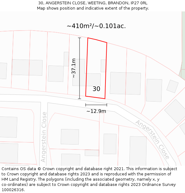 30, ANGERSTEIN CLOSE, WEETING, BRANDON, IP27 0RL: Plot and title map