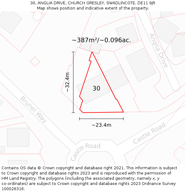 30, ANGLIA DRIVE, CHURCH GRESLEY, SWADLINCOTE, DE11 9JR: Plot and title map