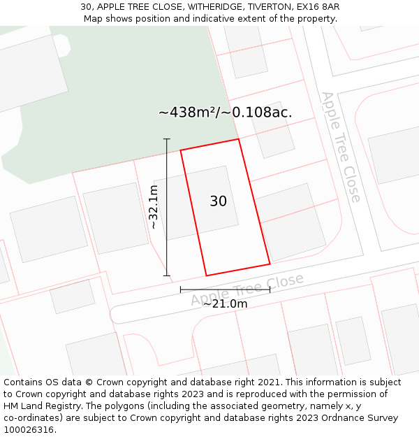 30, APPLE TREE CLOSE, WITHERIDGE, TIVERTON, EX16 8AR: Plot and title map