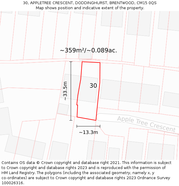 30, APPLETREE CRESCENT, DODDINGHURST, BRENTWOOD, CM15 0QS: Plot and title map