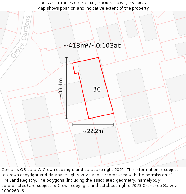 30, APPLETREES CRESCENT, BROMSGROVE, B61 0UA: Plot and title map