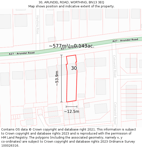 30, ARUNDEL ROAD, WORTHING, BN13 3EQ: Plot and title map