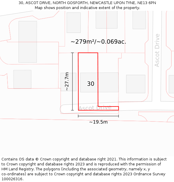 30, ASCOT DRIVE, NORTH GOSFORTH, NEWCASTLE UPON TYNE, NE13 6PN: Plot and title map
