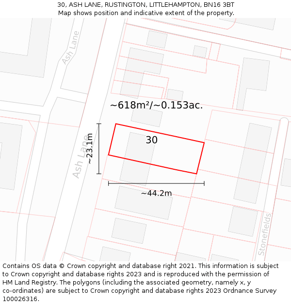 30, ASH LANE, RUSTINGTON, LITTLEHAMPTON, BN16 3BT: Plot and title map