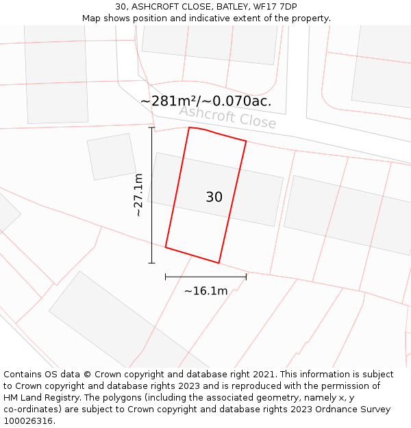 30, ASHCROFT CLOSE, BATLEY, WF17 7DP: Plot and title map