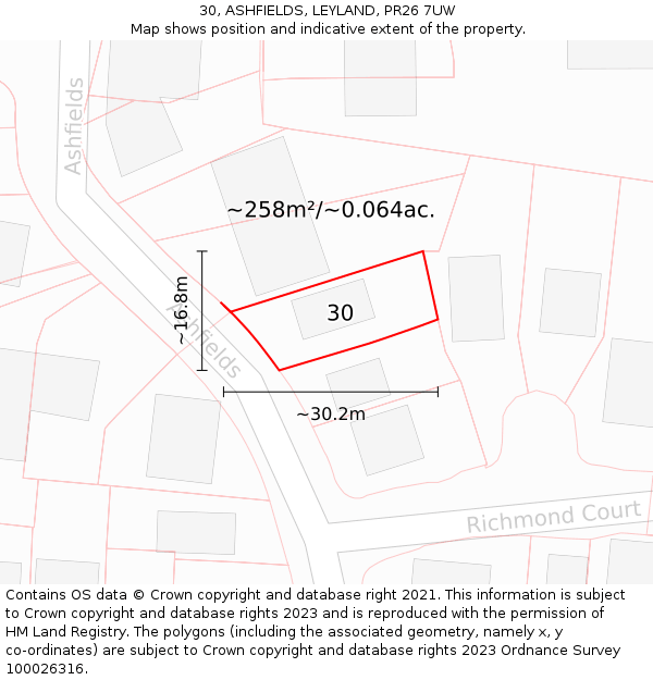 30, ASHFIELDS, LEYLAND, PR26 7UW: Plot and title map