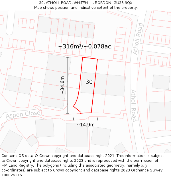 30, ATHOLL ROAD, WHITEHILL, BORDON, GU35 9QX: Plot and title map