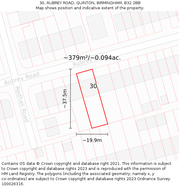 30, AUBREY ROAD, QUINTON, BIRMINGHAM, B32 2BB: Plot and title map