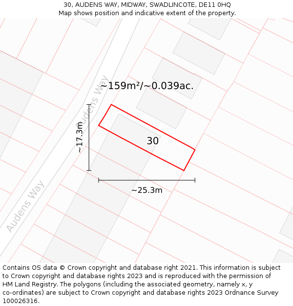 30, AUDENS WAY, MIDWAY, SWADLINCOTE, DE11 0HQ: Plot and title map