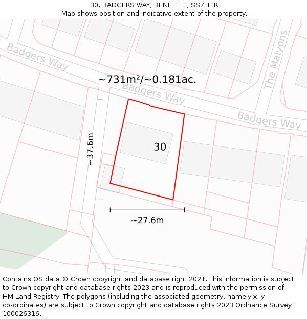 30, BADGERS WAY, BENFLEET, SS7 1TR: Plot and title map