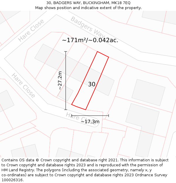30, BADGERS WAY, BUCKINGHAM, MK18 7EQ: Plot and title map