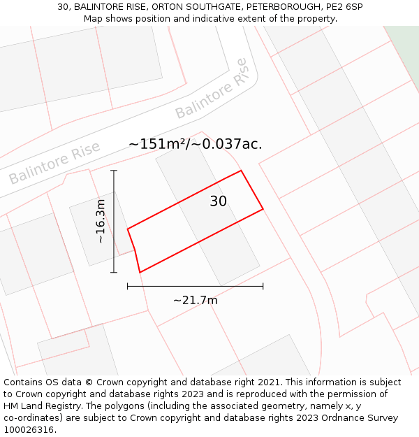 30, BALINTORE RISE, ORTON SOUTHGATE, PETERBOROUGH, PE2 6SP: Plot and title map