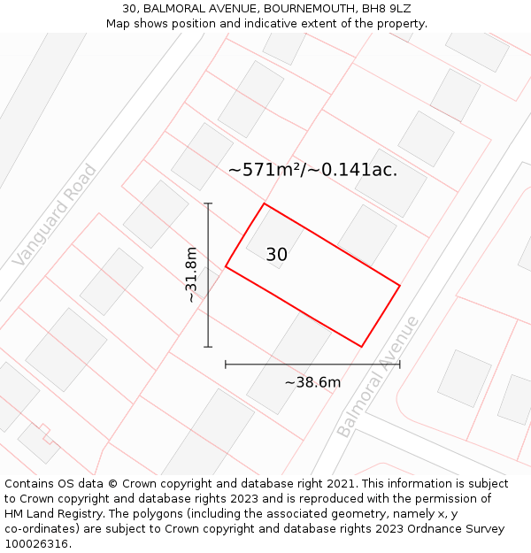 30, BALMORAL AVENUE, BOURNEMOUTH, BH8 9LZ: Plot and title map
