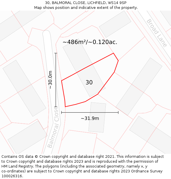 30, BALMORAL CLOSE, LICHFIELD, WS14 9SP: Plot and title map