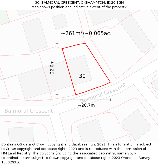 30, BALMORAL CRESCENT, OKEHAMPTON, EX20 1GN: Plot and title map