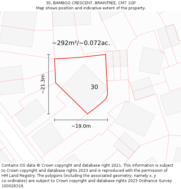 30, BAMBOO CRESCENT, BRAINTREE, CM7 1GP: Plot and title map