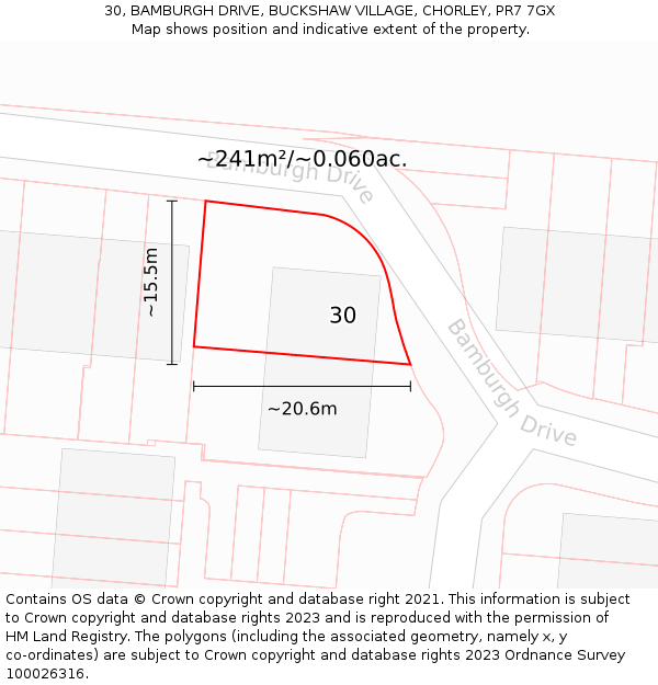 30, BAMBURGH DRIVE, BUCKSHAW VILLAGE, CHORLEY, PR7 7GX: Plot and title map