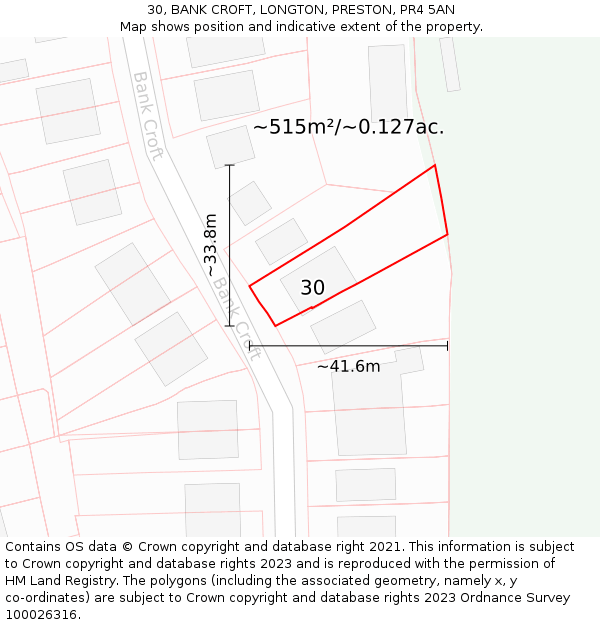 30, BANK CROFT, LONGTON, PRESTON, PR4 5AN: Plot and title map