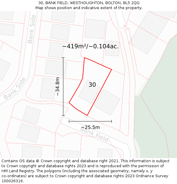 30, BANK FIELD, WESTHOUGHTON, BOLTON, BL5 2QG: Plot and title map