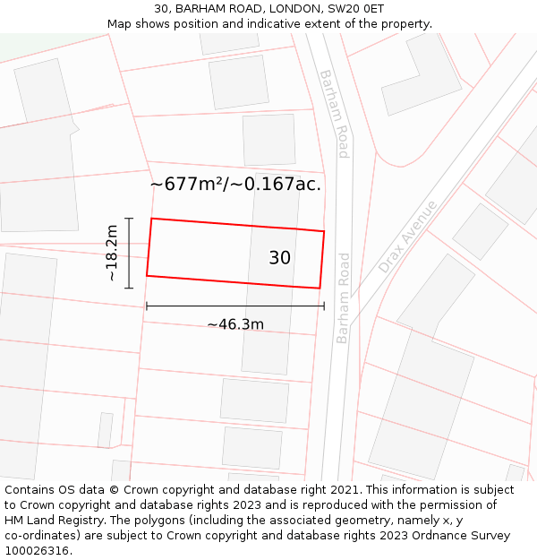 30, BARHAM ROAD, LONDON, SW20 0ET: Plot and title map