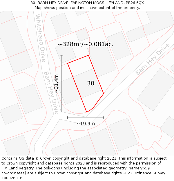 30, BARN HEY DRIVE, FARINGTON MOSS, LEYLAND, PR26 6QX: Plot and title map