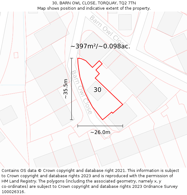 30, BARN OWL CLOSE, TORQUAY, TQ2 7TN: Plot and title map