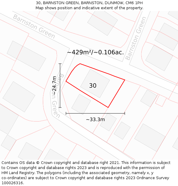 30, BARNSTON GREEN, BARNSTON, DUNMOW, CM6 1PH: Plot and title map