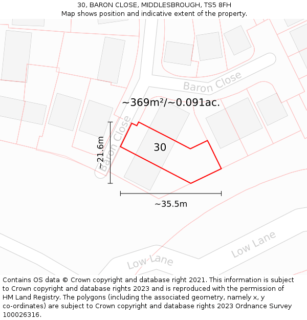 30, BARON CLOSE, MIDDLESBROUGH, TS5 8FH: Plot and title map