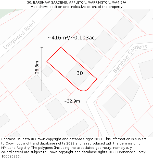 30, BARSHAW GARDENS, APPLETON, WARRINGTON, WA4 5FA: Plot and title map