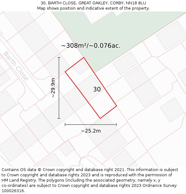 30, BARTH CLOSE, GREAT OAKLEY, CORBY, NN18 8LU: Plot and title map