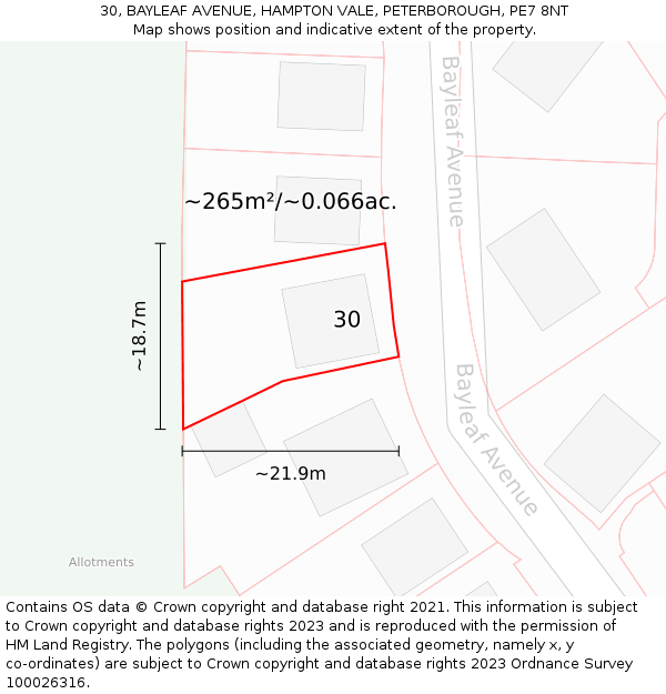 30, BAYLEAF AVENUE, HAMPTON VALE, PETERBOROUGH, PE7 8NT: Plot and title map