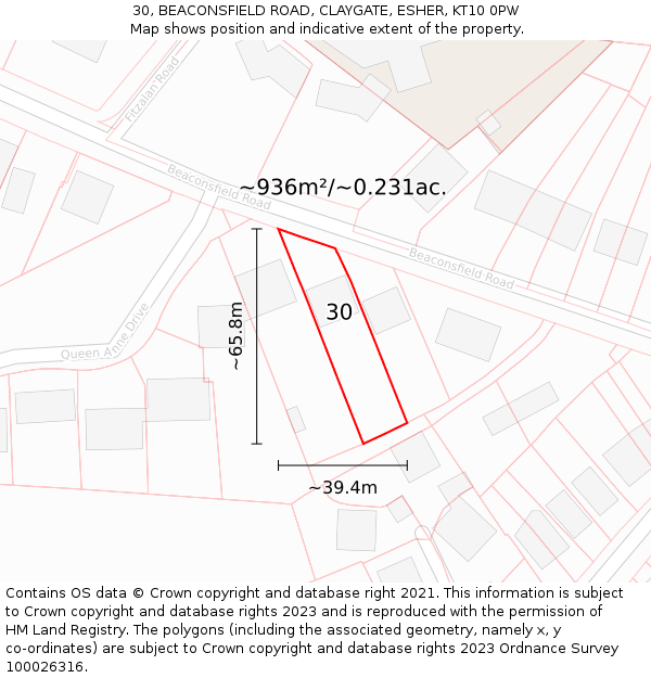 30, BEACONSFIELD ROAD, CLAYGATE, ESHER, KT10 0PW: Plot and title map