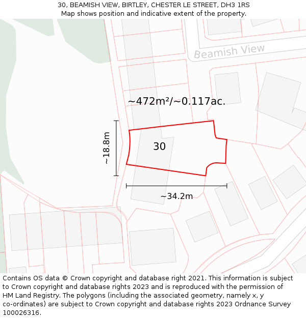 30, BEAMISH VIEW, BIRTLEY, CHESTER LE STREET, DH3 1RS: Plot and title map