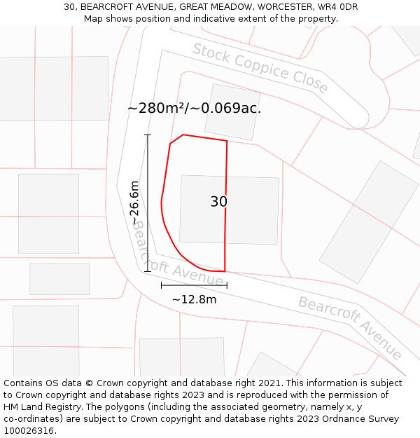30, BEARCROFT AVENUE, GREAT MEADOW, WORCESTER, WR4 0DR: Plot and title map