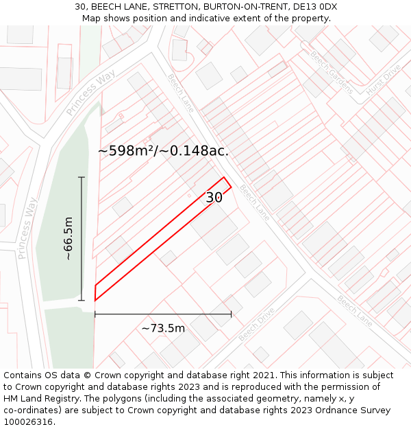 30, BEECH LANE, STRETTON, BURTON-ON-TRENT, DE13 0DX: Plot and title map