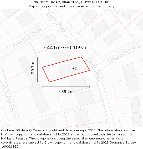 30, BEECH ROAD, BRANSTON, LINCOLN, LN4 1PG: Plot and title map