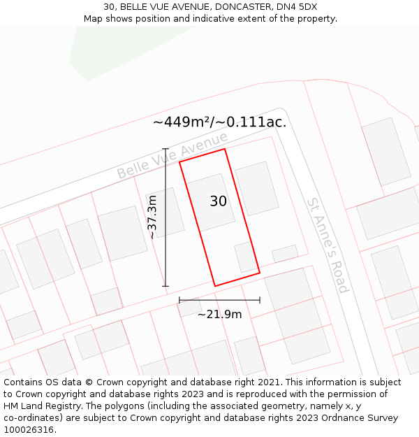 30, BELLE VUE AVENUE, DONCASTER, DN4 5DX: Plot and title map