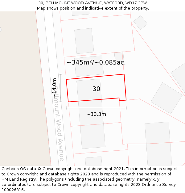 30, BELLMOUNT WOOD AVENUE, WATFORD, WD17 3BW: Plot and title map
