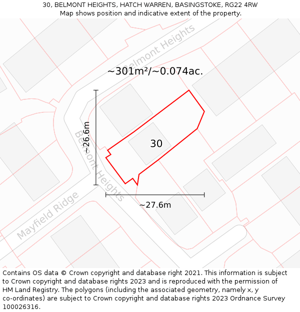 30, BELMONT HEIGHTS, HATCH WARREN, BASINGSTOKE, RG22 4RW: Plot and title map
