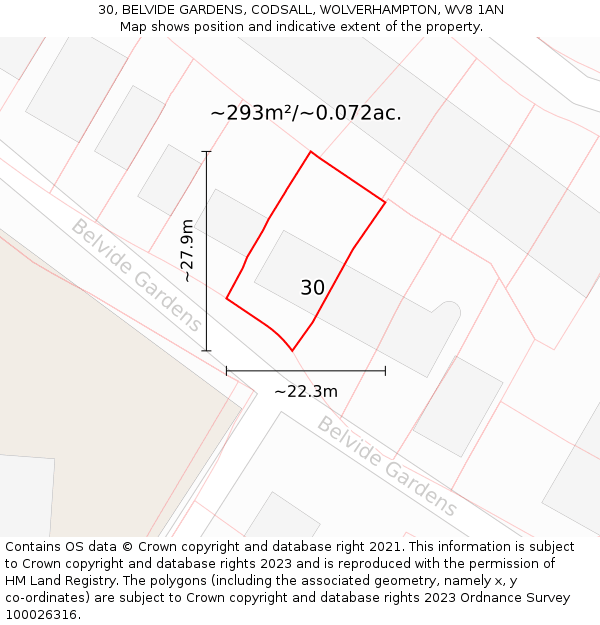 30, BELVIDE GARDENS, CODSALL, WOLVERHAMPTON, WV8 1AN: Plot and title map