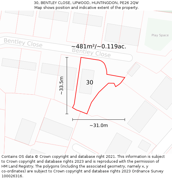 30, BENTLEY CLOSE, UPWOOD, HUNTINGDON, PE26 2QW: Plot and title map
