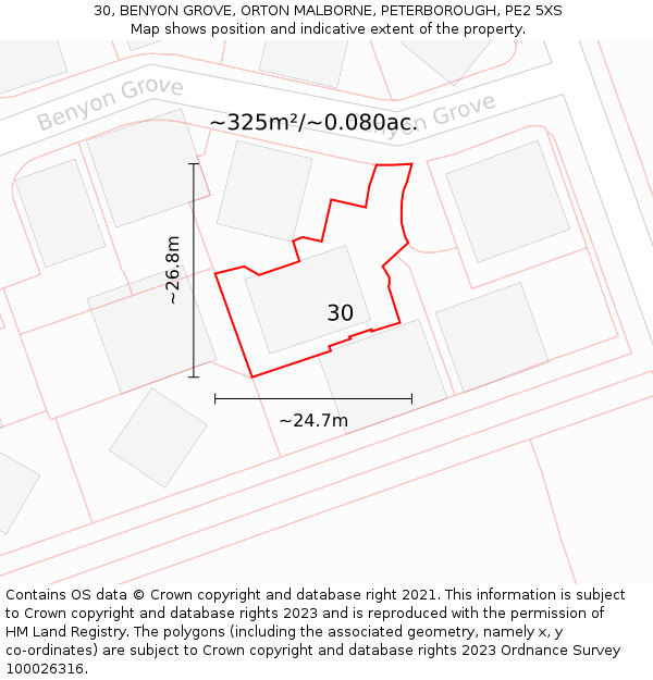 30, BENYON GROVE, ORTON MALBORNE, PETERBOROUGH, PE2 5XS: Plot and title map