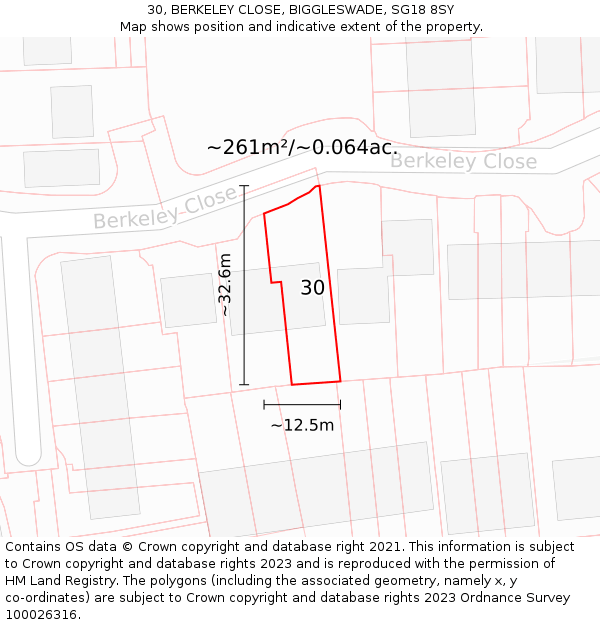 30, BERKELEY CLOSE, BIGGLESWADE, SG18 8SY: Plot and title map