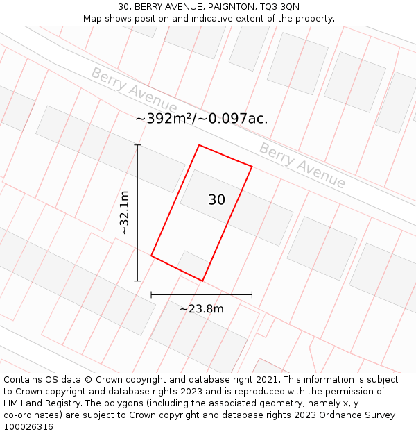 30, BERRY AVENUE, PAIGNTON, TQ3 3QN: Plot and title map